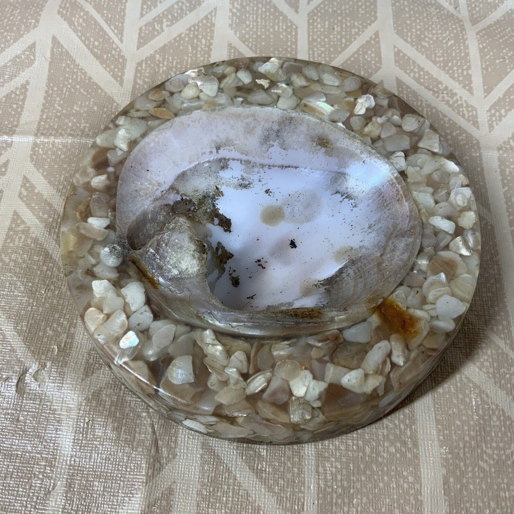Vintage Mother Of Pearl Chip Vomit Lucite Shell Ashtray Trinket Dish 5"‎